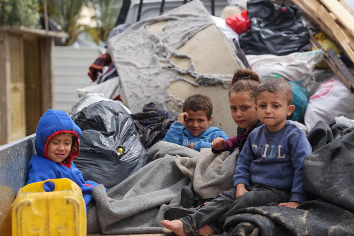 Displaced Palestinians in Rafah in the southern Gaza Strip pack their belongings following an evacuation order by the Israeli army on Monday amid the ongoing conflict between Israel and the Palestinian Hamas movement.