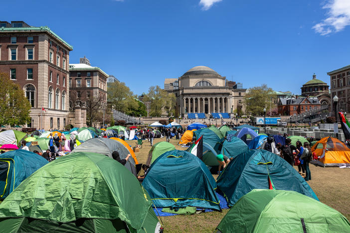 Protesters seen in tents on Columbia University's campus on April 24. The school later suspended protesters who didn't leave, and called New York City police to arrest those who occupied a building on campus.