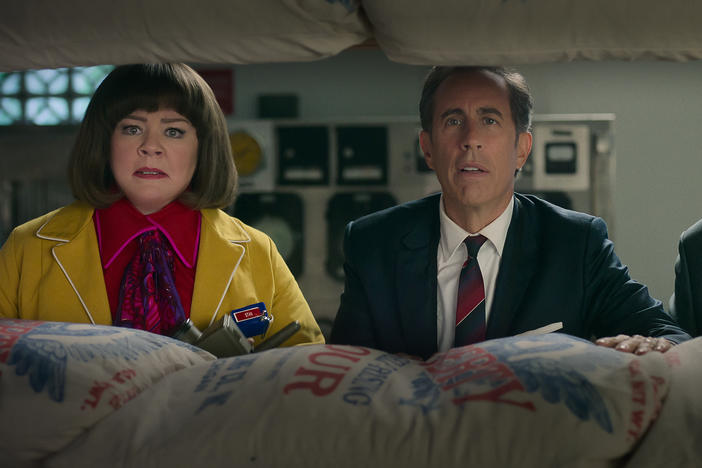Melissa McCarthy, Jerry Seinfeld, and Jim Gaffigan in <em>Unfrosted</em>.