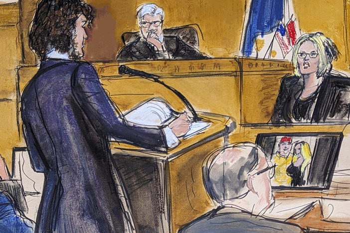 Judge Juan Merchan presides over proceedings on Tuesday as Stormy Daniels, far right, answers questions on direct examination by assistant district attorney Susan Hoffinger in Manhattan criminal court as former President Donald Trump and defense attorney Todd Blanche look on.