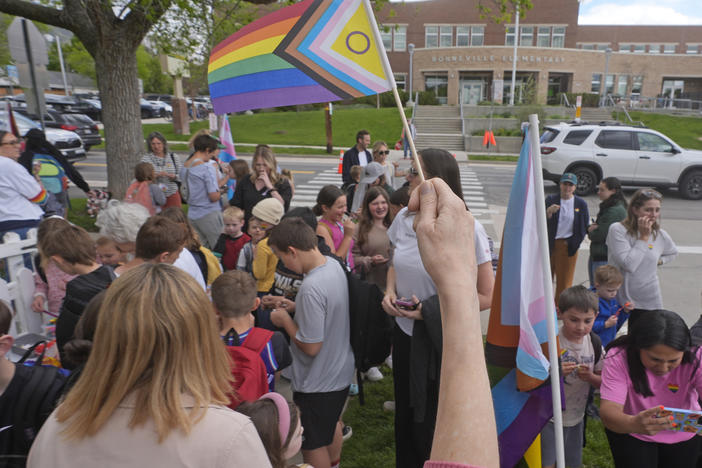 Bonneville Elementary School parents and students gather during a block party supporting trans and non binary students and staff on April 29, 2024, in Salt Lake City.