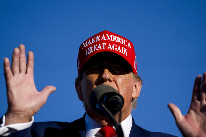 Former President Donald Trump speaks during a rally on May 1, 2024 at Avflight Saginaw in Freeland, Mich.