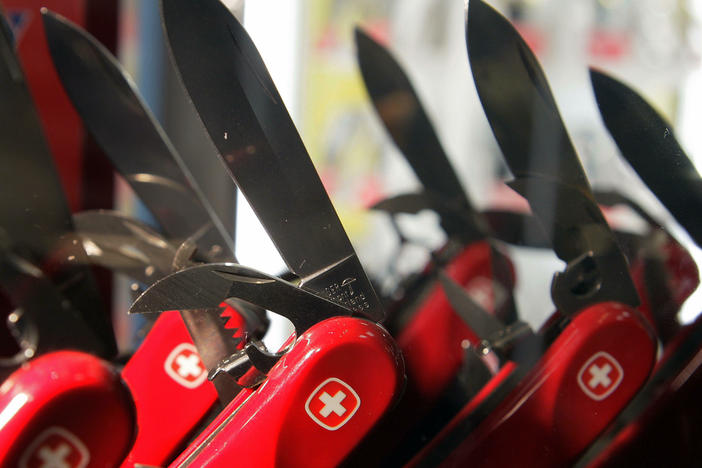 Swiss Army Knives are displayed in a shop in Montreux, Switzerland. Rising violence in parts of the world has prompted governments to crack down on what types of blades people can brandish in public.
