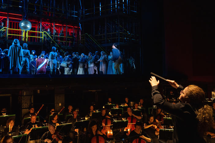 Speranza Scappucci conducts singers on stage and the orchestra in the pit for the Washington National Opera's production of <em>Turandot</em>.