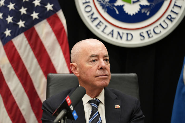 Homeland Security Secretary Alejandro Mayorkas talks with NPR's Morning Edition Wednesday, May 8, 2024, at the department's headquarters in Washington, D.C.