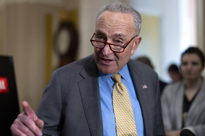 Senate Majority Leader Chuck Schumer, D-N.Y., speaks to reporters following Democratic strategy session, at the Capitol in Washington on Wednesday.