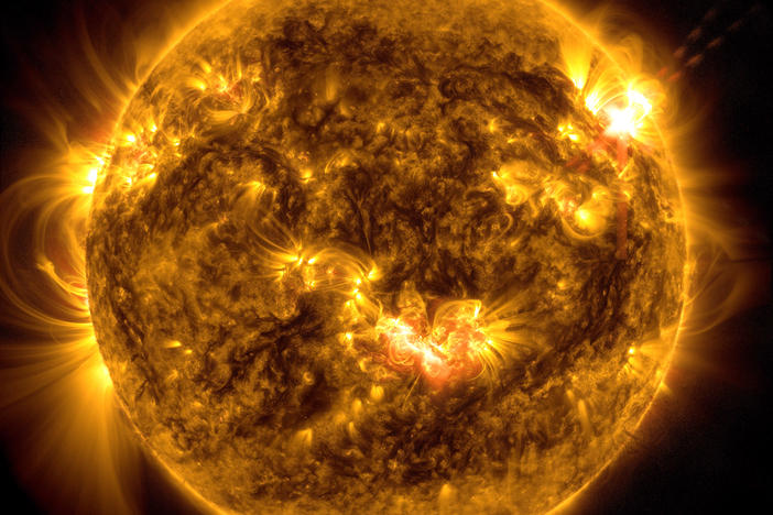 NASA's Solar Dynamics Observatory captured this image of a strong solar flare on May 8, 2024. The Wednesday solar flares kicked off the geomagnetic storm happening this weekend.