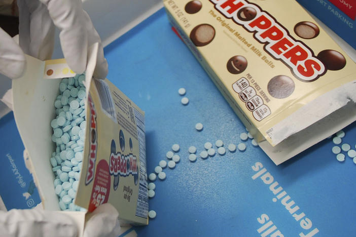 This image provided by the Los Angeles County Sheriff's Department shows suspected fentanyl pills seized at Los Angeles International Airport in 2022.