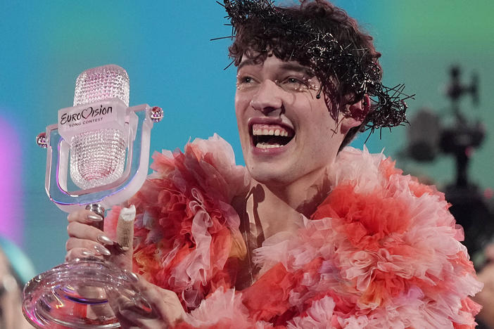 Nemo of Switzerland, who performed the song "The Code," celebrates after winning the grand final of the Eurovision Song Contest in Malmo, Sweden, on Saturday.