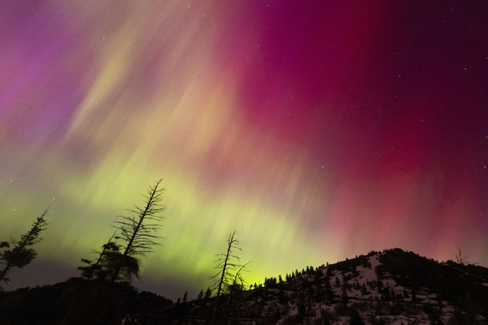The Northern Lights fill the sky at the Bogus Basin ski resort in Boise, Idaho, on Saturday.