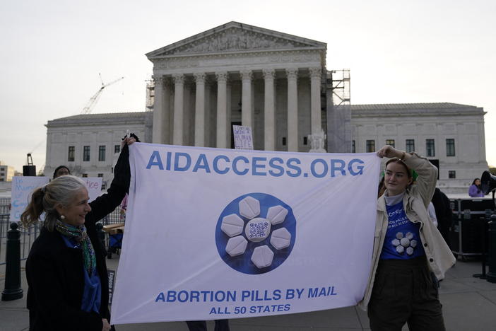 Abortion rights activists at the Supreme Court in Washington, D.C. on March 26, the day the case about the abortion drug mifepristone was heard. The number of abortions in the U.S. increased, a study says, surprising researchers.