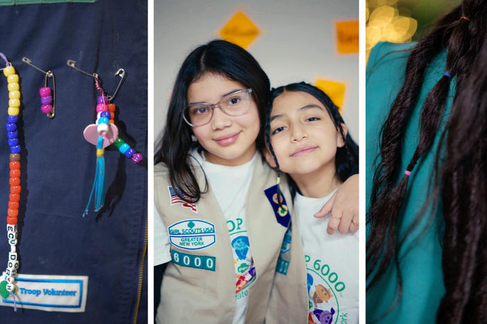 Best friends, Astrid, 12 from Venezuela, and Dayra, 12 from Ecuador, pose for a portrait during a Girl Scout Troop 6000 meeting at the Row hotel in New York City. The hotel is one of the largest migrant shelters in the city.