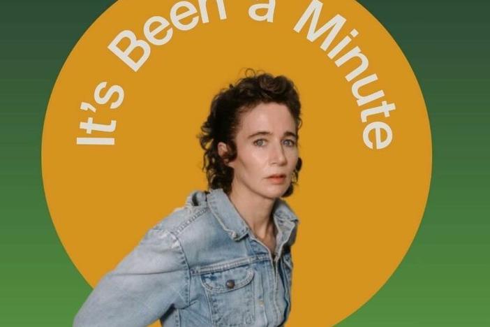 Author Miranda July poses next to her novel, "All Fours"