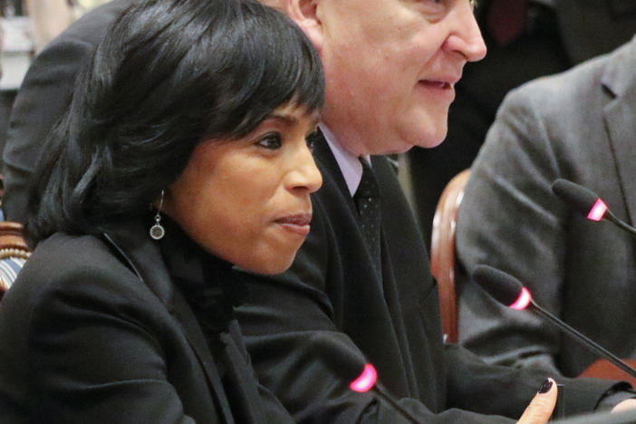 In this file photo, Prince George's County Executive Angela Alsobrooks, center, listens during a bill hearing in Maryland, Jan. 23, 2020, in Annapolis, Md. After winning Tuesday's Democratic primary, Alsobrooks will face former Gov. Larry Hogan, the Republican winner, in November.