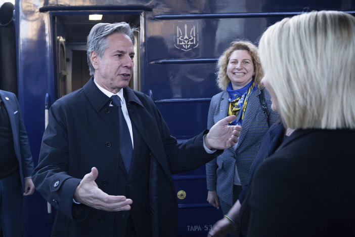 U.S. Secretary of State Antony Blinken is greeted by U.S. Ambassador to Ukraine Bridget A. Brink after arriving by train at Kyiv-Pasazhyrskyi station on Tuesday in Kyiv, Ukraine.