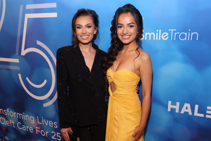 Noelia Voigt (L) and UmaSofia Srivastava (R) attend a charity event in New York City on May 8, the week that they stepped down as Miss USA and Miss Teen USA.