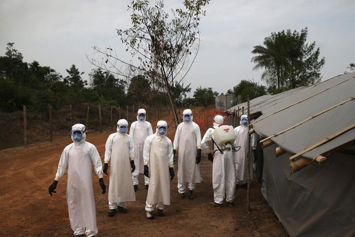 A burial team in Liberia awaits decontamination after performing "safe burials" for people who died of Ebola during the 2014-15 outbreak. Strains of the virus are harbored by bats and primates. A new study looks at how human activity affects the transmission of infectious diseases like Ebola.