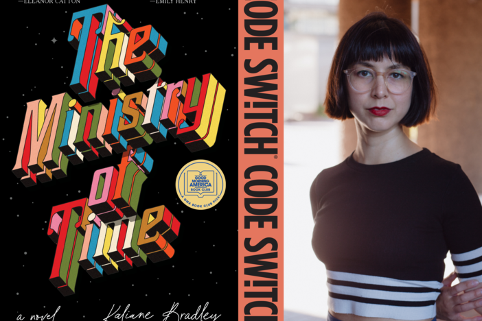 Author Kailene Bradley poses next to the cover of her recent book, <em>The Ministry of Time</em>