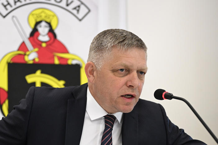 Slovakia's Prime Minister Robert Fico speaks during a press conference before he was shot and injured after the cabinet's session in the town of Handlova, Slovakia, on Wednesday.