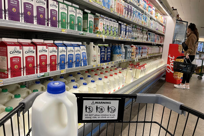 Grocery prices fell in April as overall inflation cooled. Milk prices dropped 0.8% while egg prices declined 7.3%.