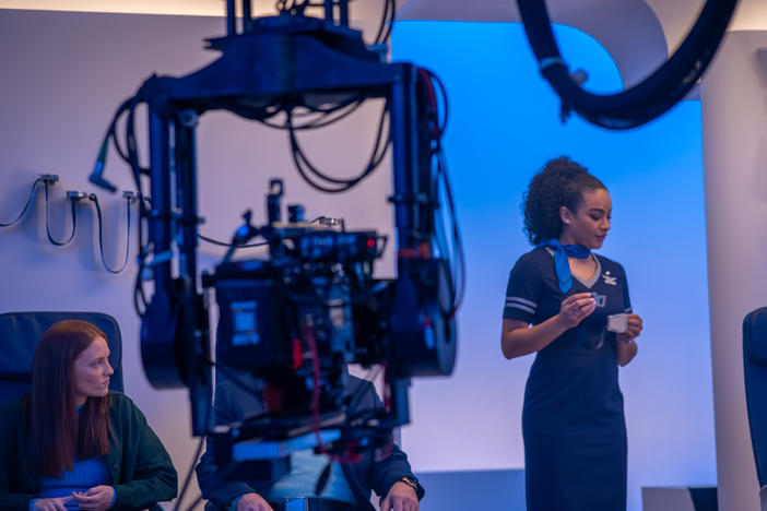 On the set of United Airlines' new onboard safety video in Montreal, Canada.