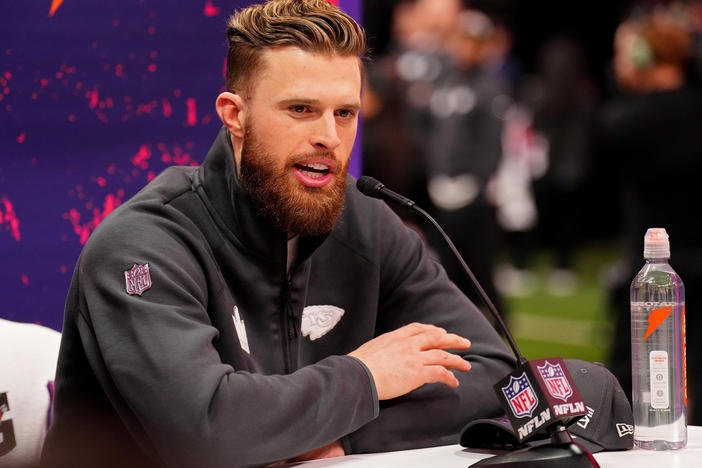 Kansas City Chiefs player Harrison Butker, pictured at a press conference in February, is in hot water for his recent commencement speech at Benedictine College in Kansas.