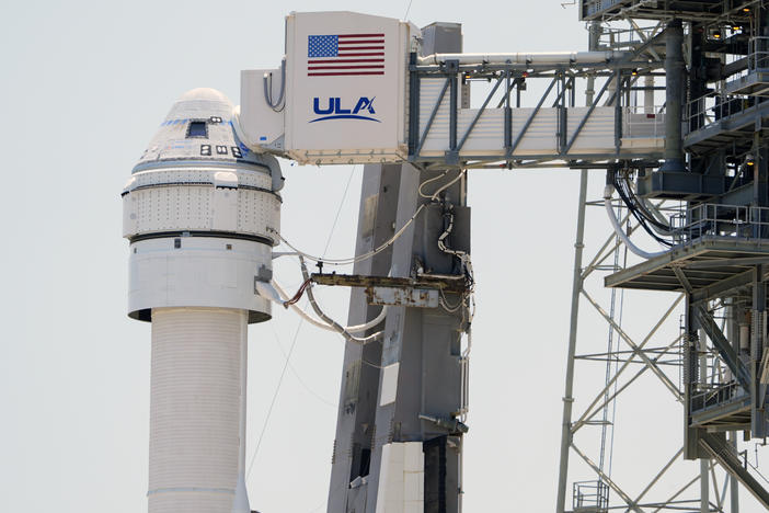 Boeing's Starliner capsule atop an Atlas V rocket is seen at Space Launch Complex 41 at the Cape Canaveral Space Force Station on May 7, a day after its mission to the International Space Station was scrubbed because of an issue with a pressure regulation valve.
