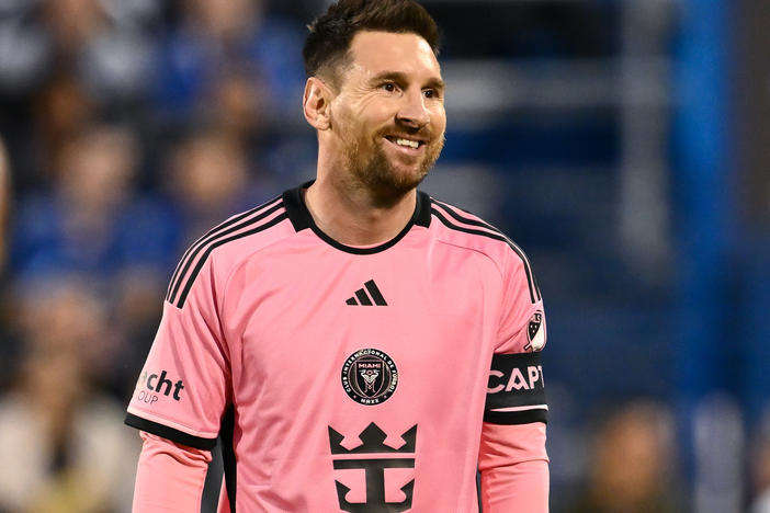 Lionel Messi #10 of Inter Miami smiles in the game against CF Montréal during the first half at Saputo Stadium on May 11 in Montreal, Canada.