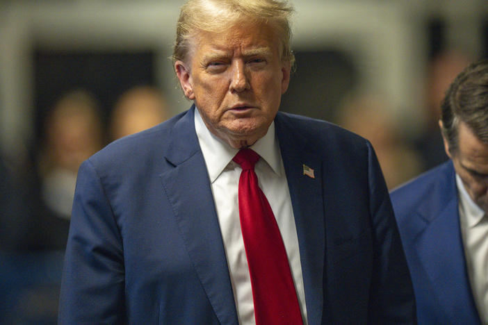 Former President Donald Trump speaks to the media after the day's proceedings in his criminal trial at Manhattan Criminal Court on Thursday in New York City.