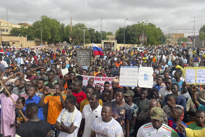 Supporters of Niger's ruling junta gather for a protest in Niamey, Niger, on Aug. 3, 2023.