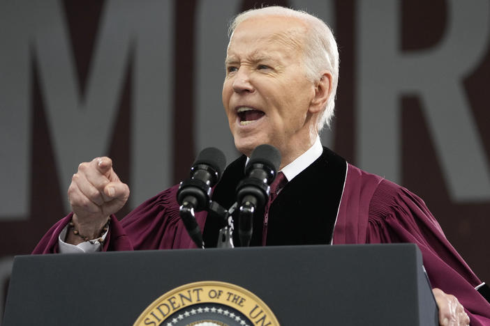 President Biden speaks to graduating students at the Morehouse College commencement Sunday, May 19, 2024, in Atlanta.