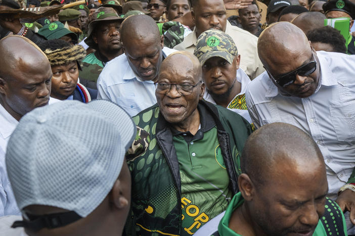 Former South African President Jacob Zuma arrives at Orlando stadium in the township of Soweto, Johannesburg, South Africa, for the launch of his newly formed uMkhonto weSizwe (MK) party's manifesto Saturday, May 18, 2024.