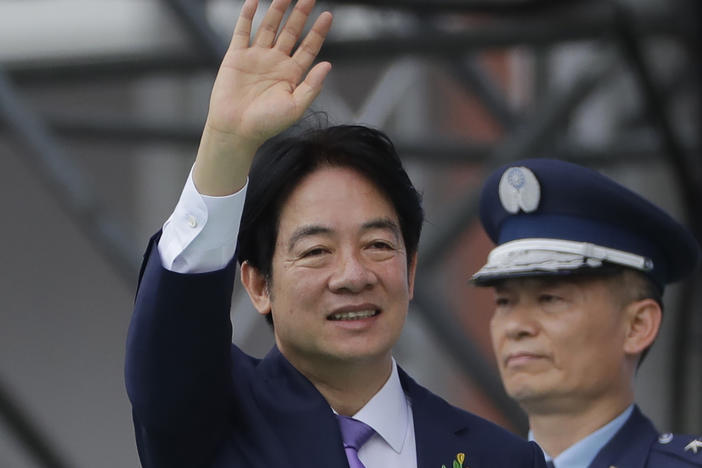 New Taiwan's President Lai Ching-te waves during Lai's inauguration ceremonies in Taipei, Taiwan, on Monday, May 20, 2024.