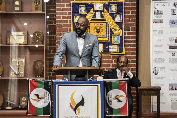 Attorney Daryl Jones, of the Transformative Justice Coalition (left), with Carl O. Snowden, convener of the Caucus of African American Leaders, address the renaming of the Francis Scott Key bridge in Baltimore.