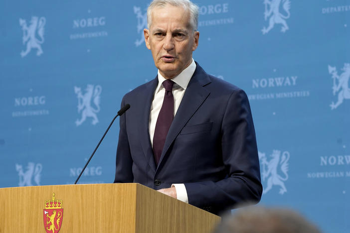 Norway's Prime Minister Jonas Gahr Store speaks during a news conference in Oslo, Norway, Wednesday. Israel's Foreign Minister Israel Katz has ordered Israel's ambassadors from Ireland and Norway to immediately return to Israel, as Norway said it would recognize a Palestinian state and Ireland was expected to do the same.