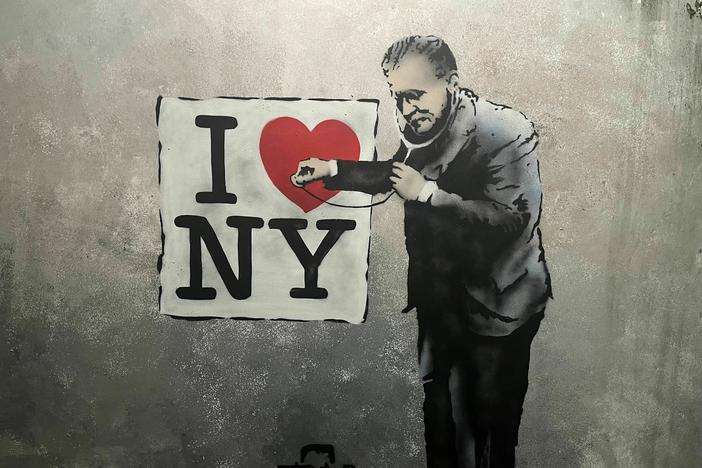The Banksy Museum in New York City features replicas of 160 original Banksys. This one is called "Good Doctor," and was originally stenciled in New York in 2010.