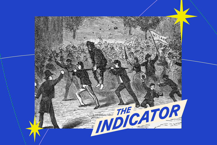 An image characterizing the Whiskey Rebellion when a government inspector is tarred during the Insurrection of 1794 in the four western counties of Pennsylvania, caused by Hamilton's excise tax.