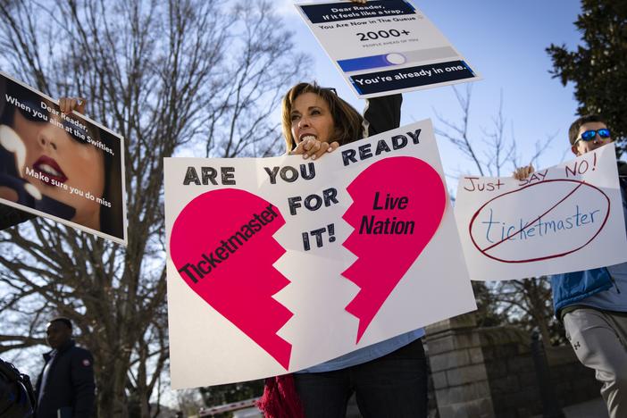 Penny Harrison and her son Parker Harrison rally against the live entertainment ticket industry outside the U.S. Capitol last year.