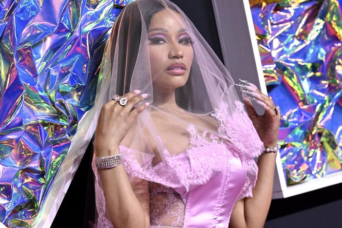 FILE - Nicki Minaj arrives at the MTV Video Music Awards on Sept. 12, 2023, at the Prudential Center in Newark, N.J. She tweeted that police told her they found marijuana in her bags.