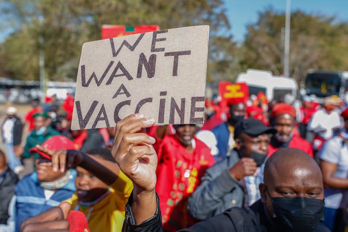Protesters in Pretoria called for South Africa's regulatory body to greenlight China's Sinovac and Russia's Sputnik vaccines amid a third coronavirus wave in 2021. A global pandemic treaty now being negotiated would seek to prevent such vaccine inequities.<br>