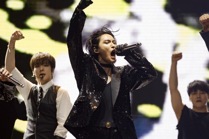 ATEEZ performs at the Sahara Tent during the 2024 Coachella Valley Music and Arts Festival in Indio, Calif., in April.<br/>
