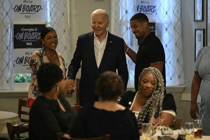 President Biden greets supporters and volunteers during a campaign event at Mary Mac's Tea Room in Atlanta on May 18. 