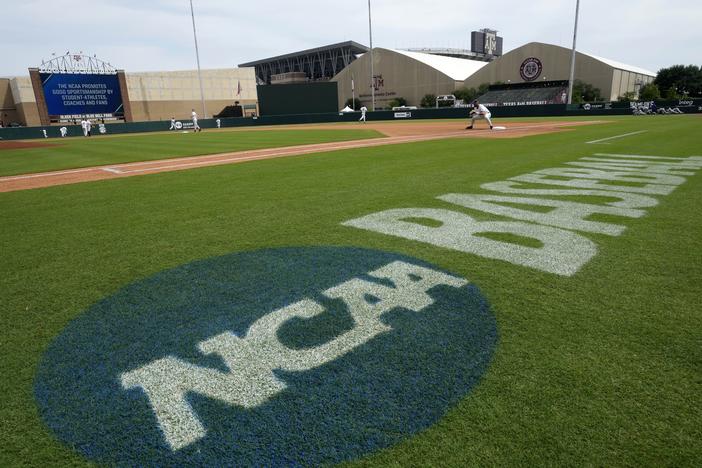 The NCAA logo painted on Olsen Field at Blue Bell Park as Oral Roberts takes infield before the start of a NCAA baseball game against TCU on June 4, 2022 in College Station, Texas. 