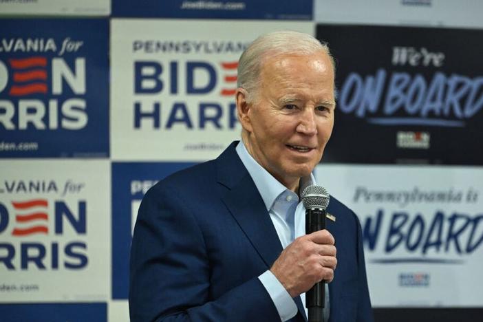 President Biden speaks to supporters and volunteers during a campaign stop in Philadelphia on April 18. The campaigns and affiliated groups have spent more on ads in Pennsylvania than in any other state.