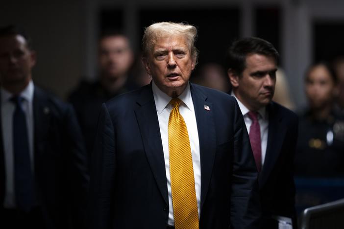 Former President Donald Trump walks out of the courtroom Wednesday to make remarks to the media during his criminal trial at Manhattan Criminal Court in New York City.