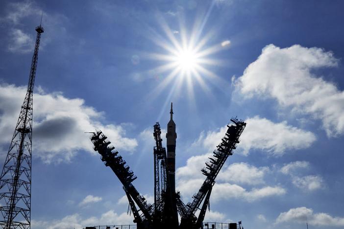A recent Russian space launch placed a satellite onto the same orbital plane as a U.S. satellite, the Pentagon says. Here, a Soyuz-2.1a rocket booster with the Soyuz MS-24 spacecraft sits at the launch pad at the Russian-leased Baikonur cosmodrome in Kazakhstan last September. 