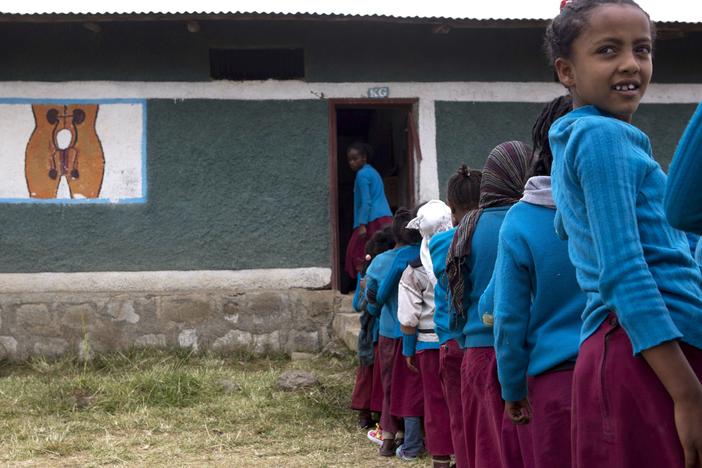 Girls at a primary school in Sheno, Ethiopia. In partnership with UNICEF, the Sheno Primary School developed a program to educate both girls and boys about menstruation — and provide sanitary pads. A new UNICEF report says that only 39% of the world's schools offer such instruction.