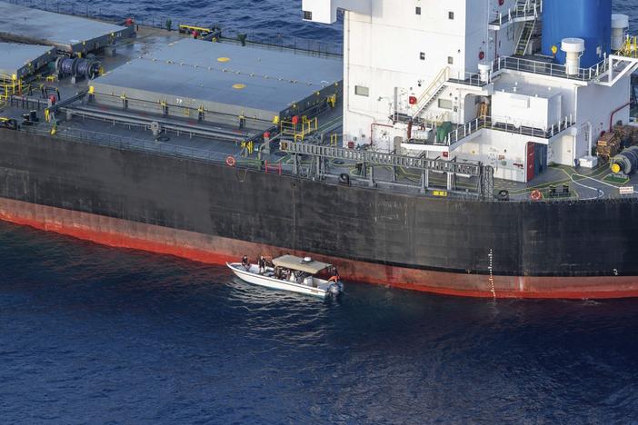 In this undated photo provided by the Etat Major des Armees on May 30, 2024, a view of the Laax, a Greek-owned, Marshall Islands-flagged bulk carrier that came under attack by Yemen's Houthi rebels earlier this week, carrying cargo of grain bound for Iran, the group's main benefactor, authorities said Thursday.