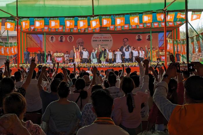  Senior leaders of the ruling BJP party hold an election campaign rally at a playground outside Itanagar, the capital of Arunachal Pradesh, in the second week of April. Voting took place in the remote northeastern Indian state on April 19.