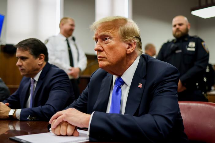 Former President Donald Trump sits at the defendant's table Thursday inside the courthouse at Manhattan Criminal Court in New York City. 
